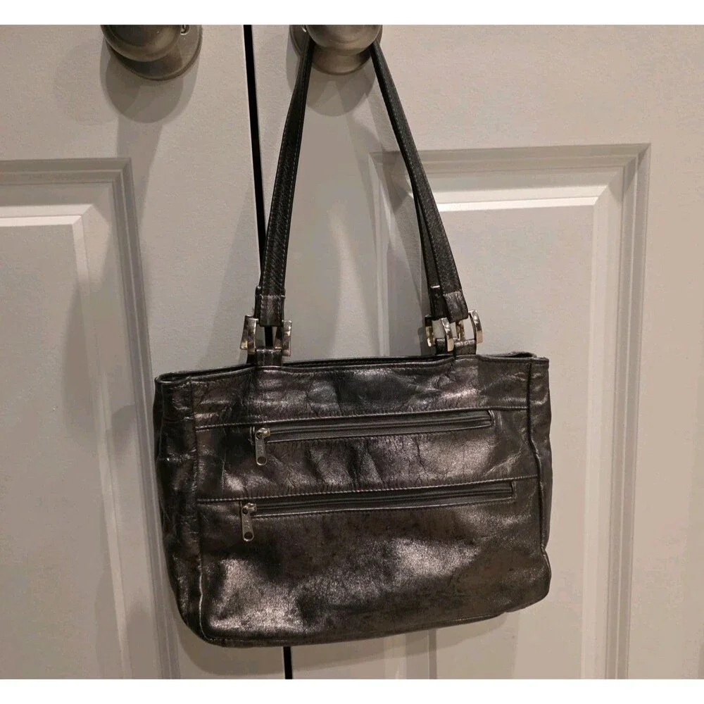 Vintage SHS Metallic Black Textured Leather Multi-Zip Shoulder Bag